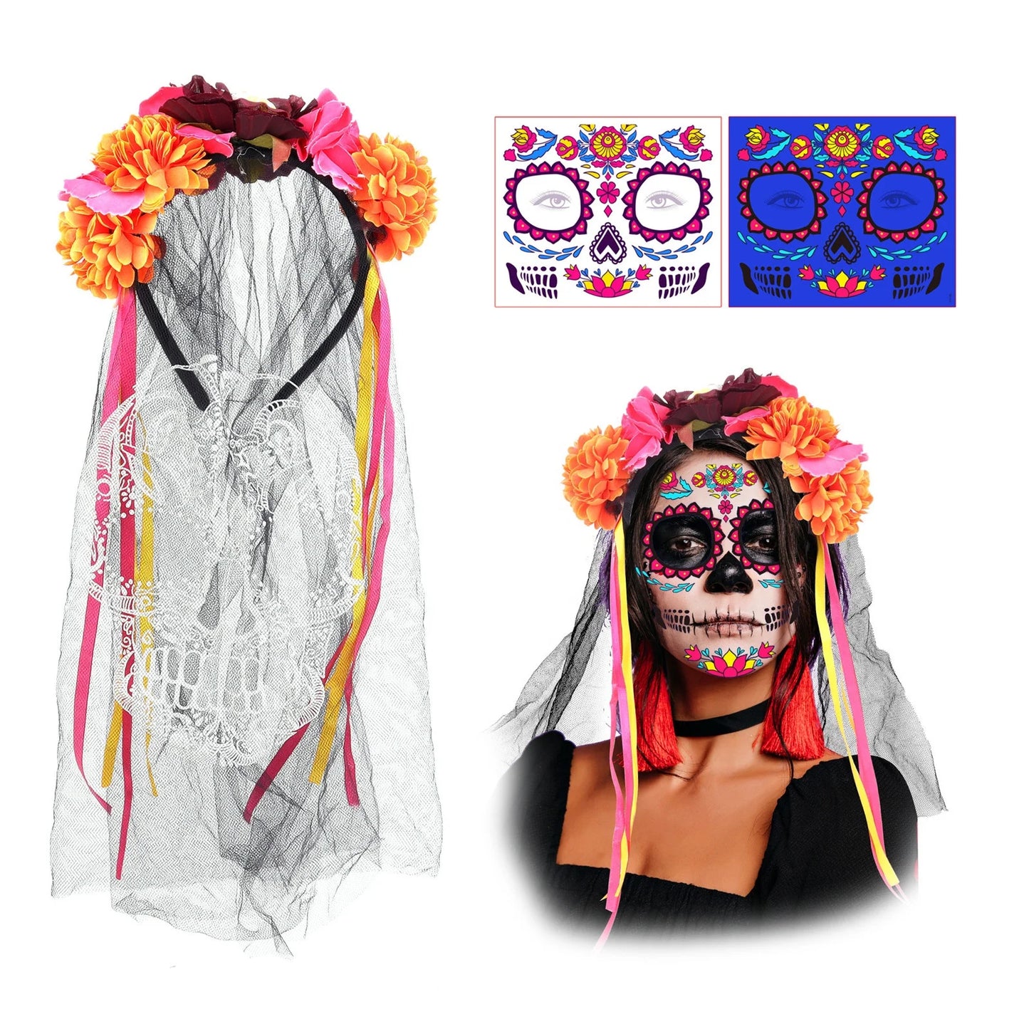 Halloween & Death Day Sugar Skull Neon Face Tattoo Women's Day Dead Flower Headband Halloween Costume Set