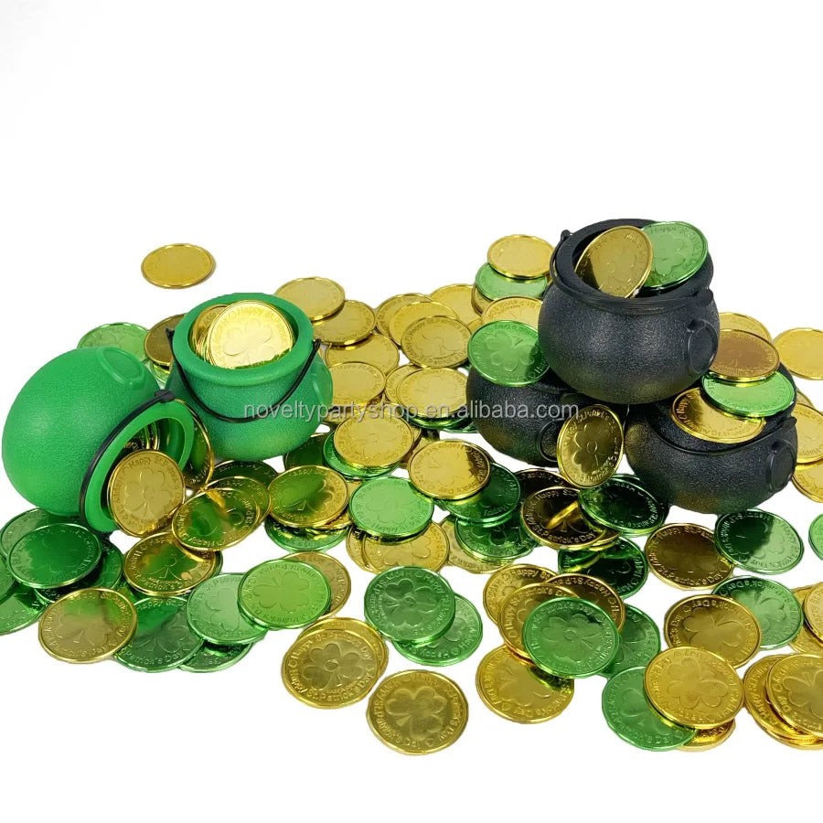 Halloween & Death Day Novelty Mini St. Patrick's Day Plastic Gold Green Lucky Coin 3 Leaf Clover Coin Clover Goblin Coin