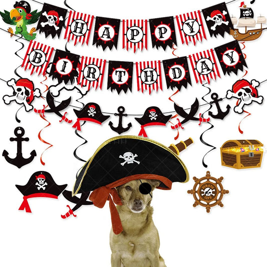 Halloween & Death Day, Party Decoration Pirate Birthday Decoration Set Paper Banner Pirate Spiral Hanging Cake Top Hat Decoration Party