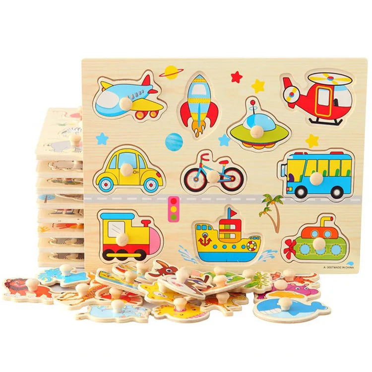 Birthday Party 2 Kids 3D Wooden Puzzle Grabbing Board Toy Car Animal Fruit Cognitive Tangram Puzzle Baby Education Montessori