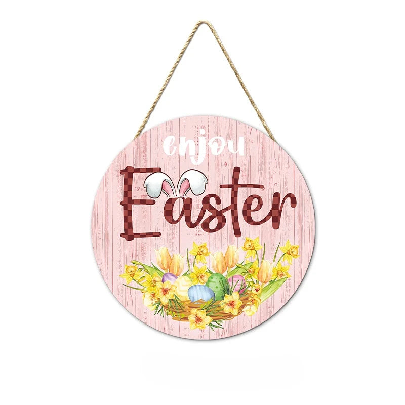 Easter and Thanksgiving 3 New Easter Round Booney Door Pendant Decoration Round Wooden Rabbit Egg Painting Home Crafts Hanging Signs Wall Decoration
