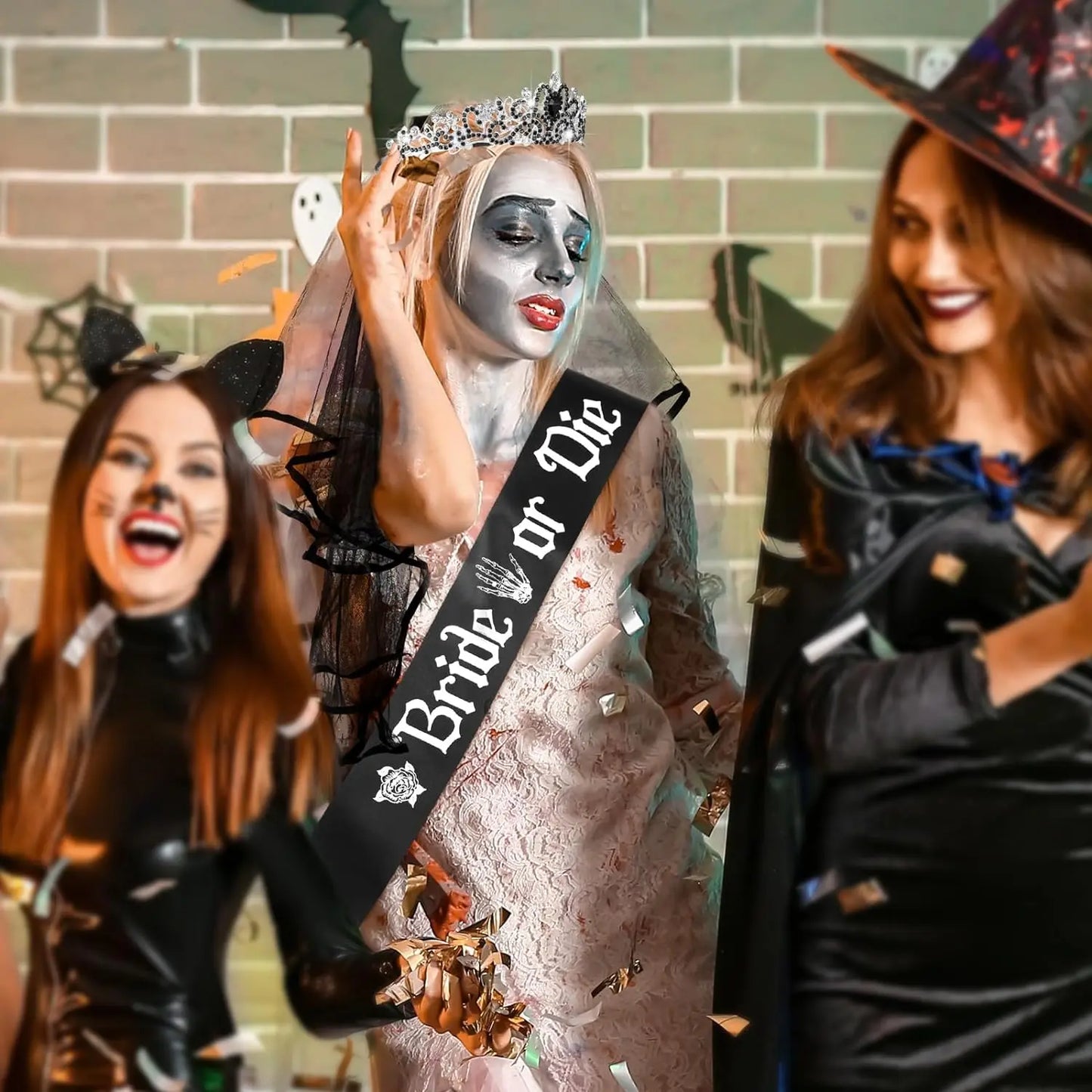 Bachelorette Party 1 Pafu 3pcs Black Bridal or Death Veil Belt Bachelorette Party Ornaments Gothic Rose Headband Bridal Shower Crystal Crown