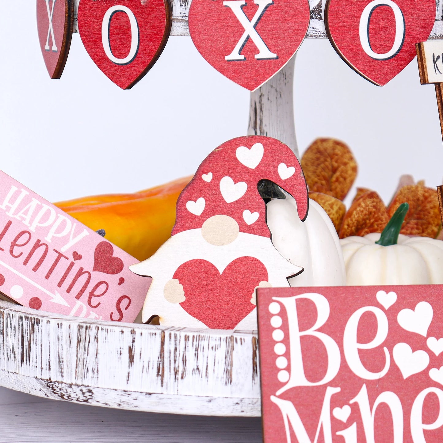 Wooden crafts, Valentine's Day layered trays decorated with wooden farmhouse trays decorated with wooden beads wreath gnome logo