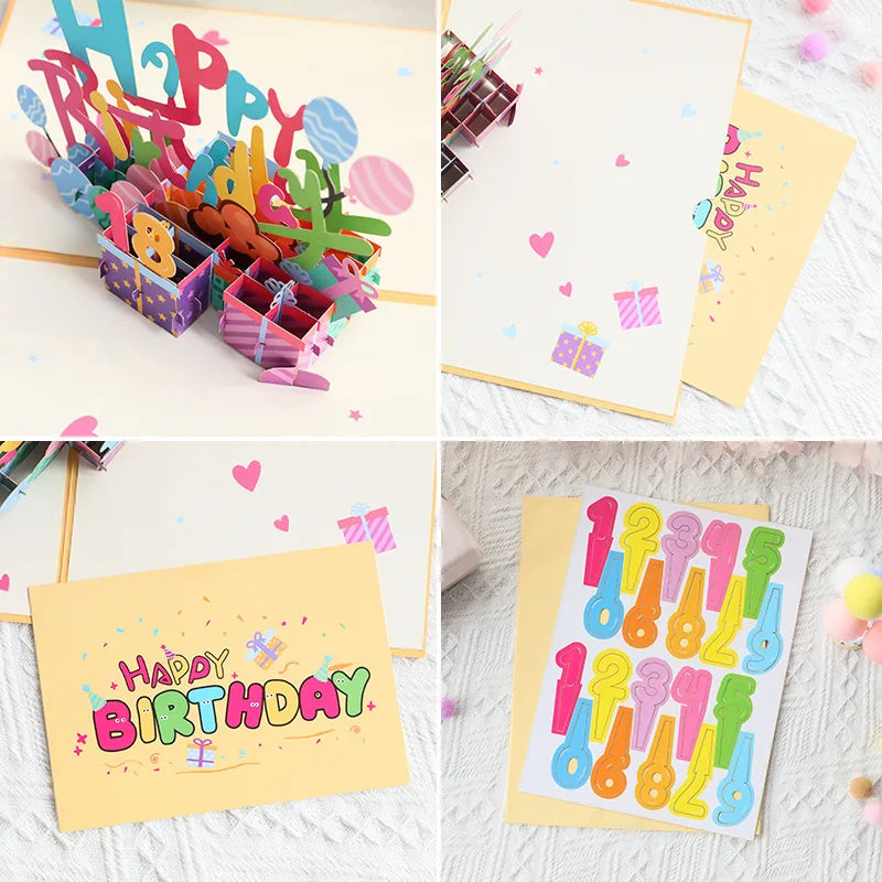 Birthday Party 2 Novelty Party Folding Happy Birthday Greeting Card DIY Digital 3D Pop-up Birthday Card with Envelope