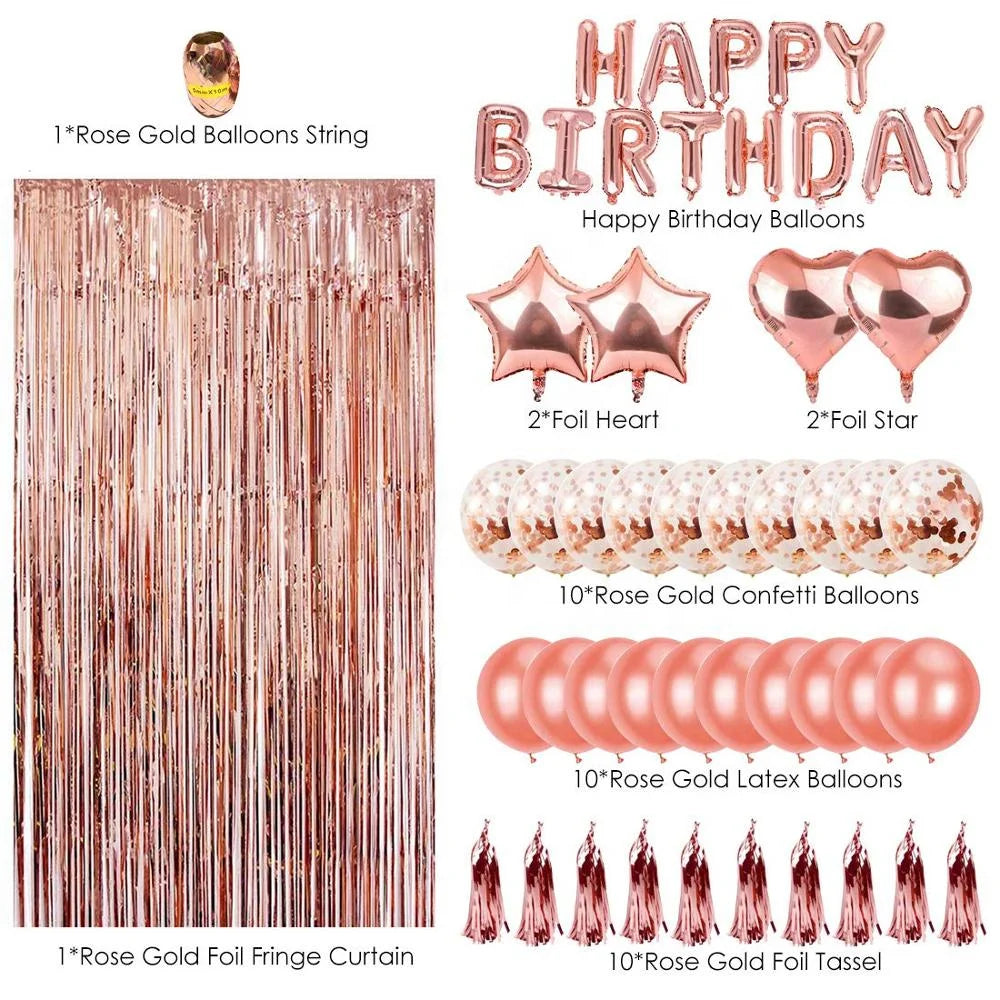 Birthday Party 2 Rose Gold Birthday Party Supplies Happy Birthday Banner Star Heart Foil Balloon Rose Gold Birthday Party Decoration Set