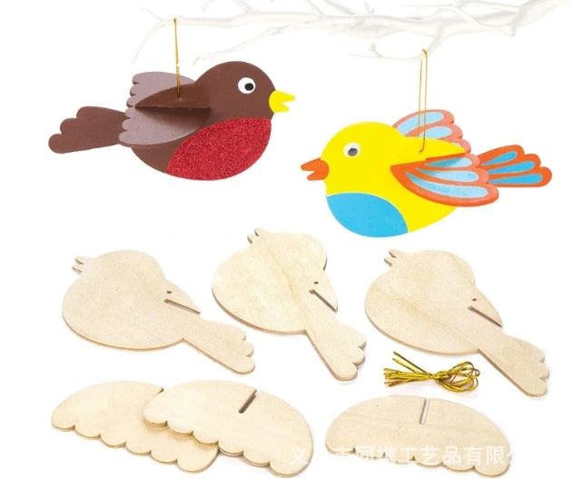 Unfinished 6-piece 3D wooden bird craft set bird wind chime craft set spring garden balcony