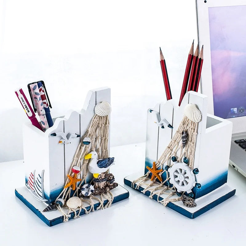 Mediterranean wooden boat sailing pen holder organizer nautical decoration gift