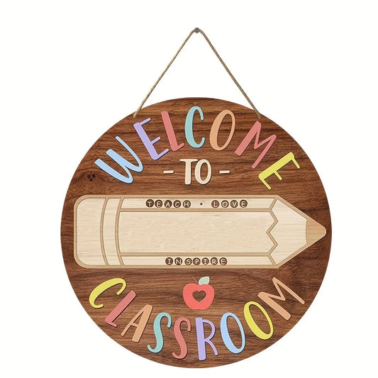 Wooden Crafts, Welcome to Classroom Decoration Wooden Round Signs Door Decoration Wall Art Interior Coffee Bar Restaurant Home Decoration