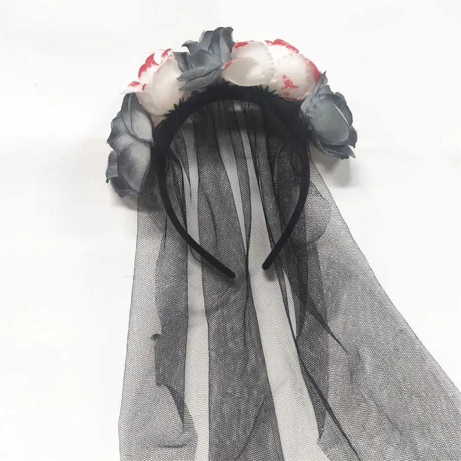 Halloween & Day of the Dead Day of the Dead Headband Dia de Los Muertos Halloween Bridal Veil Rose Crown Headgear Blood Halloween Headband