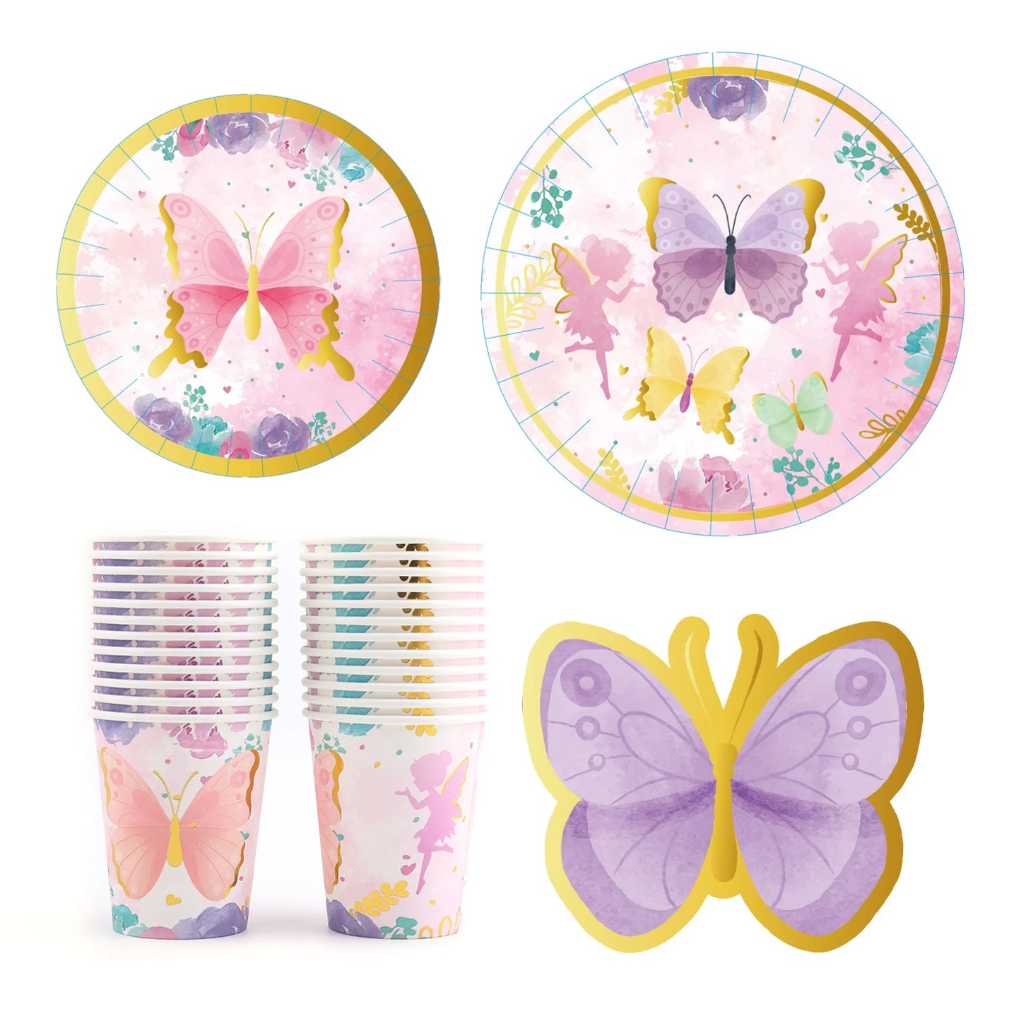 Festa de aniversário 2 convidados, prato de festa de aniversário, canecas, suprimentos descartáveis ​​para festa, prato de borboleta, fada, conjunto de talheres para crianças e despedida de solteira 
