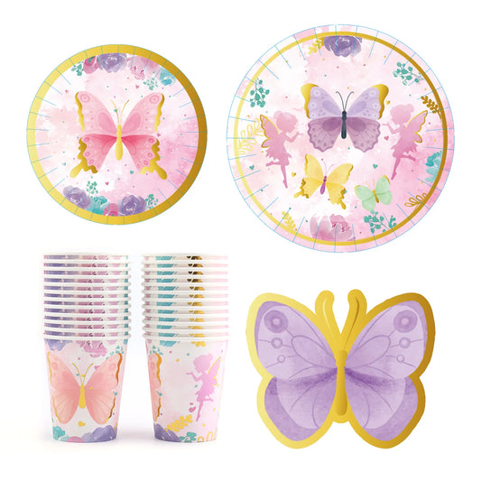 Festa de aniversário 2 convidados, prato de festa de aniversário, canecas, suprimentos descartáveis ​​para festa, prato de borboleta, fada, conjunto de talheres para crianças e despedida de solteira 
