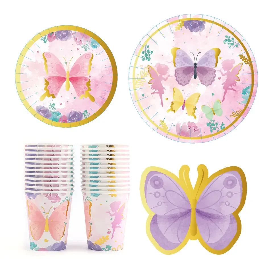Festa de aniversário 2 convidados, prato de festa de aniversário, canecas, suprimentos descartáveis ​​para festa, prato de borboleta, fada, conjunto de talheres para crianças e despedida de solteira 