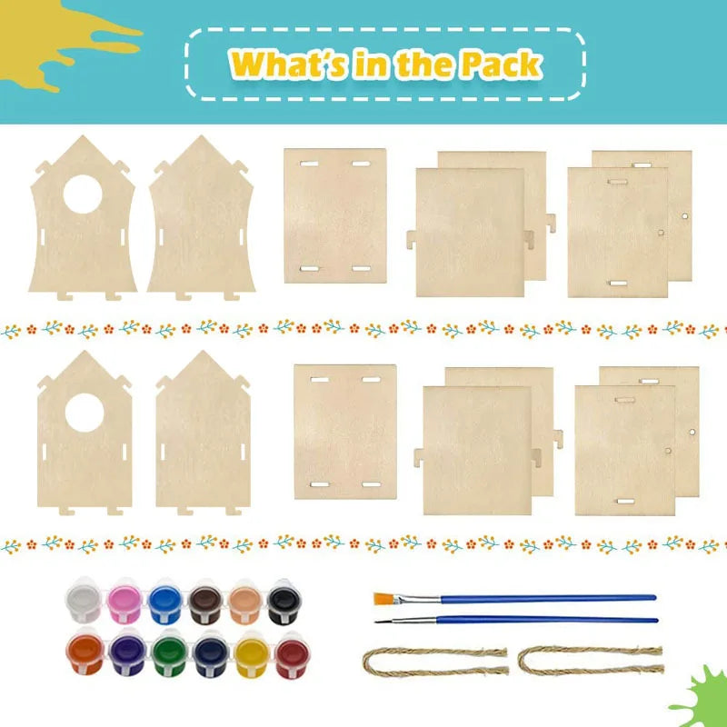 Wooden Crafts, Creative Wooden Bird House Toy Set Hand Painted Graffiti Bird's Nest Wooden Pendant DIY Assembly Children's Painted Bird's Nest