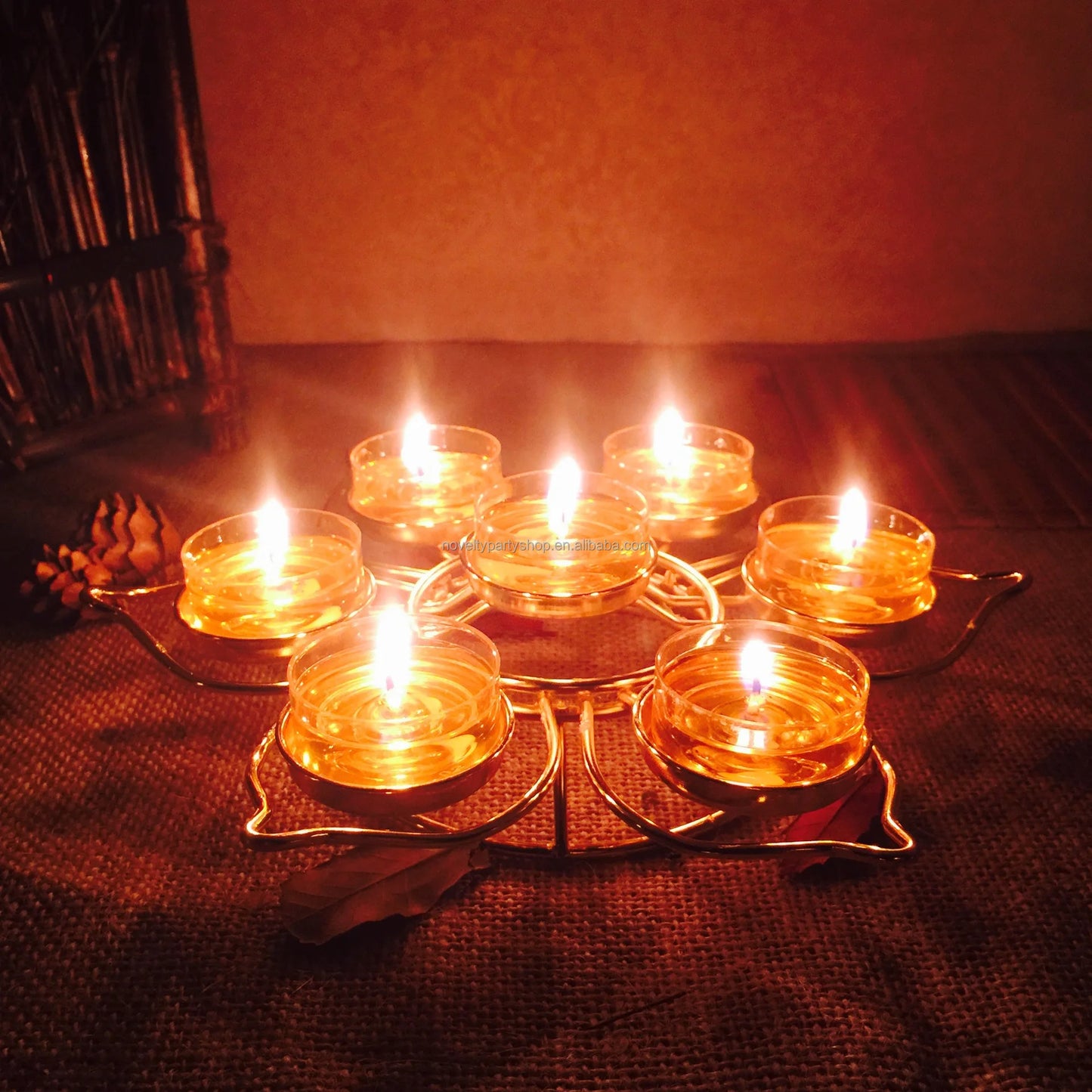 Novidade em metal dourado com nove estrelas de lótus, pequeno porta-velas redondo 